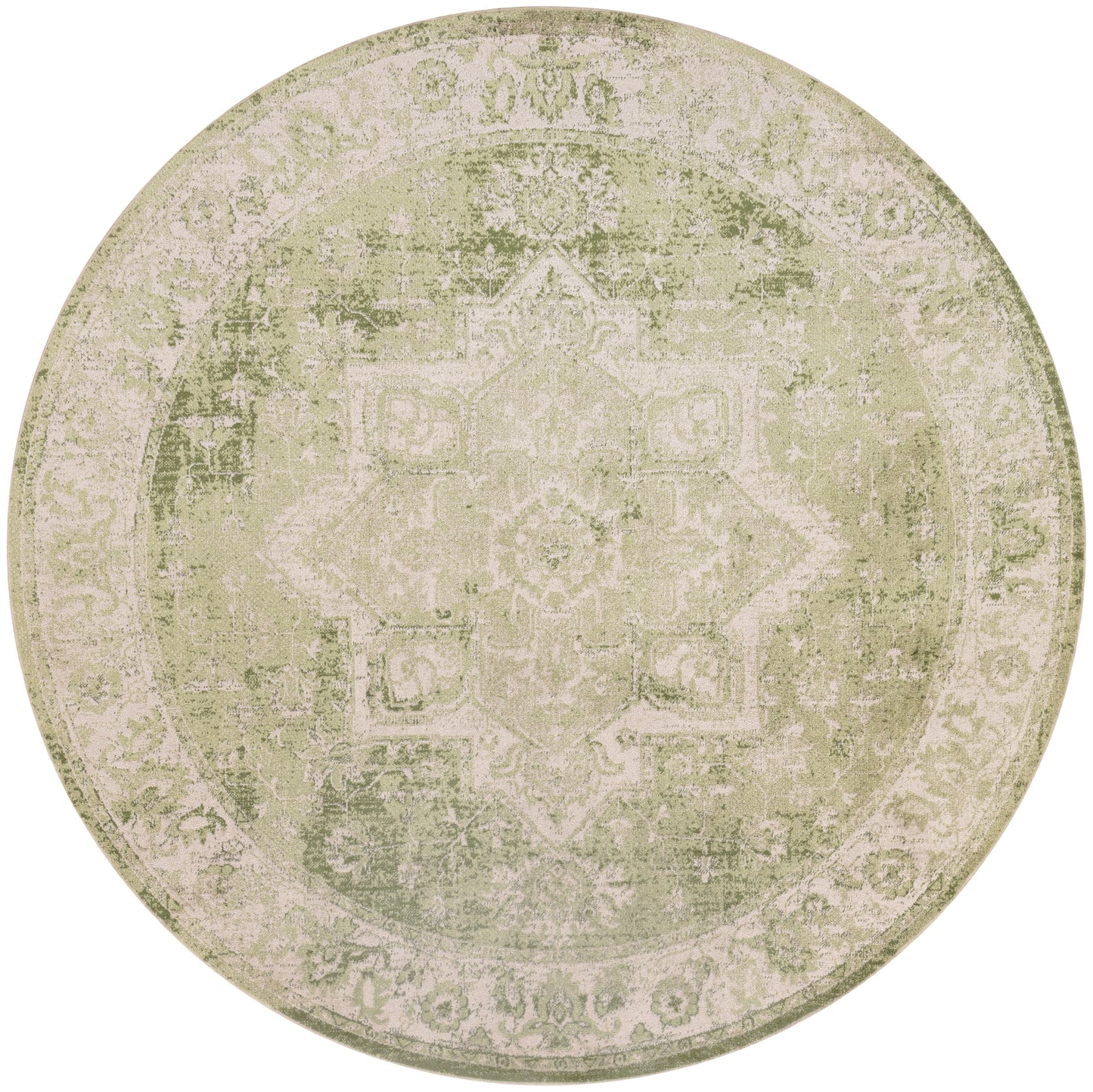Round distressed oriental rug in beige and sage green with a vintage medallion pattern