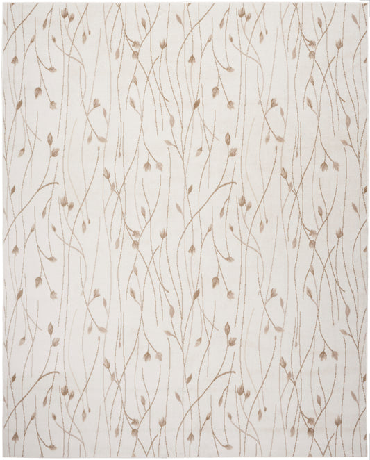 Beige background with tan scrolling vines and small leaves in a botanical pattern.