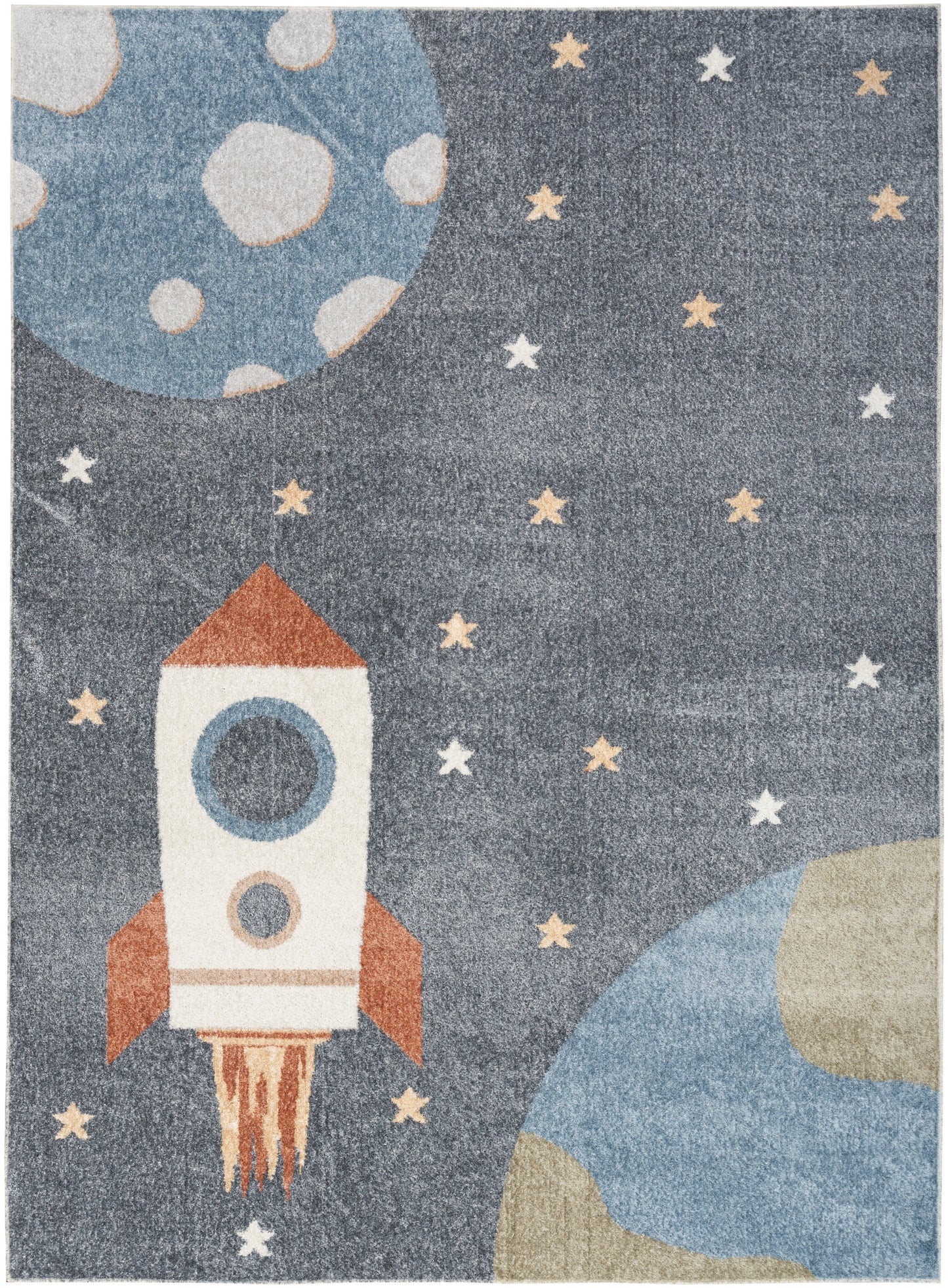 Space-themed rug with orange-and-white rocket, starry sky, and blue and beige planets.