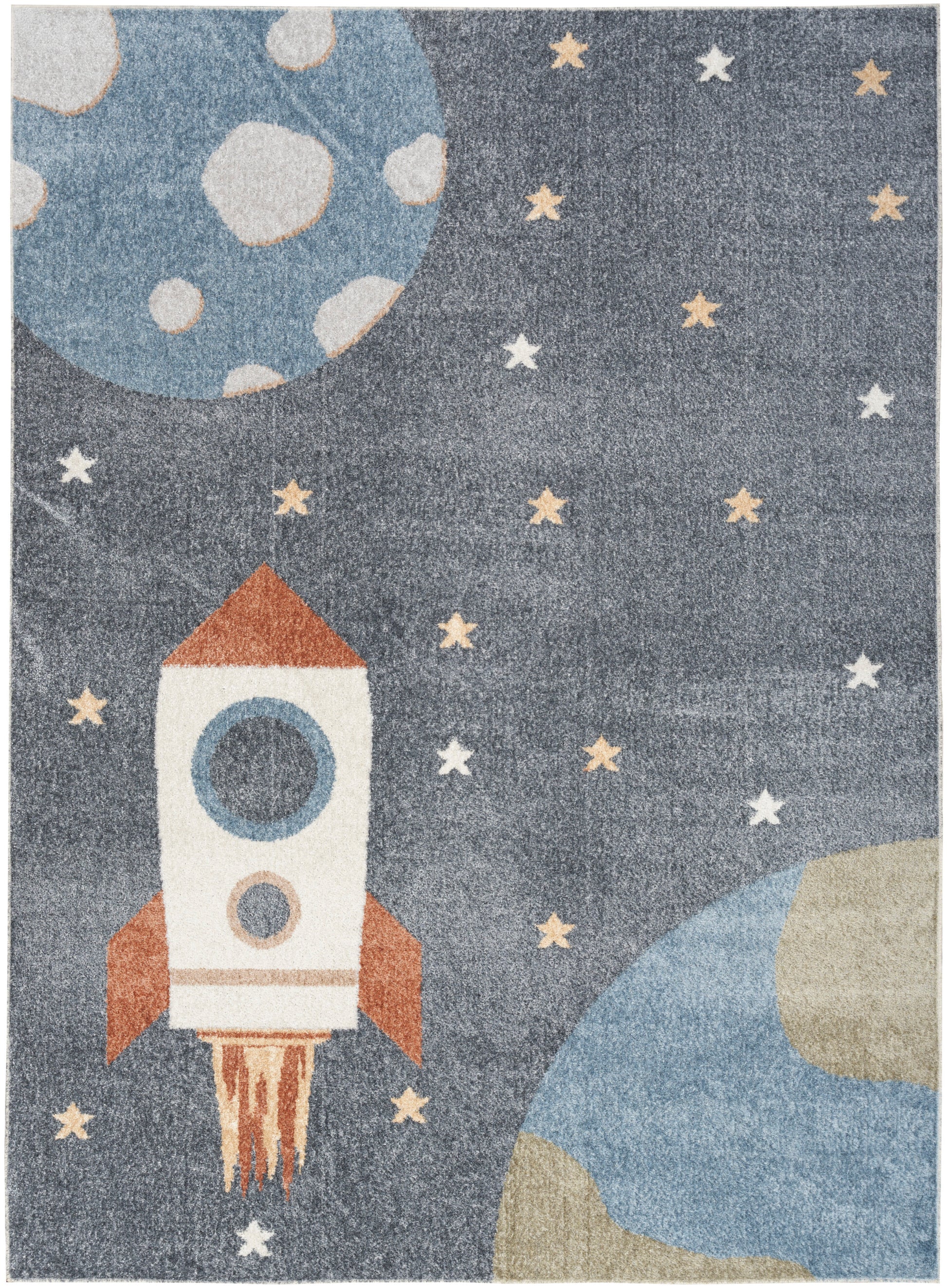 Space-themed rug with orange-and-white rocket, starry sky, and blue and beige planets.