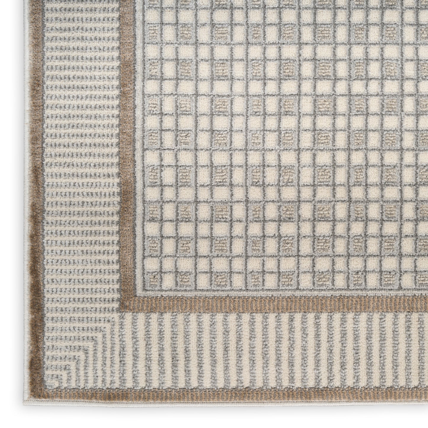 Beige ivory square-grid area rug with tan border; woven texture, modern geometric design.