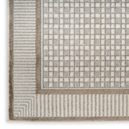 Beige ivory square-grid area rug with tan border; woven texture, modern geometric design.