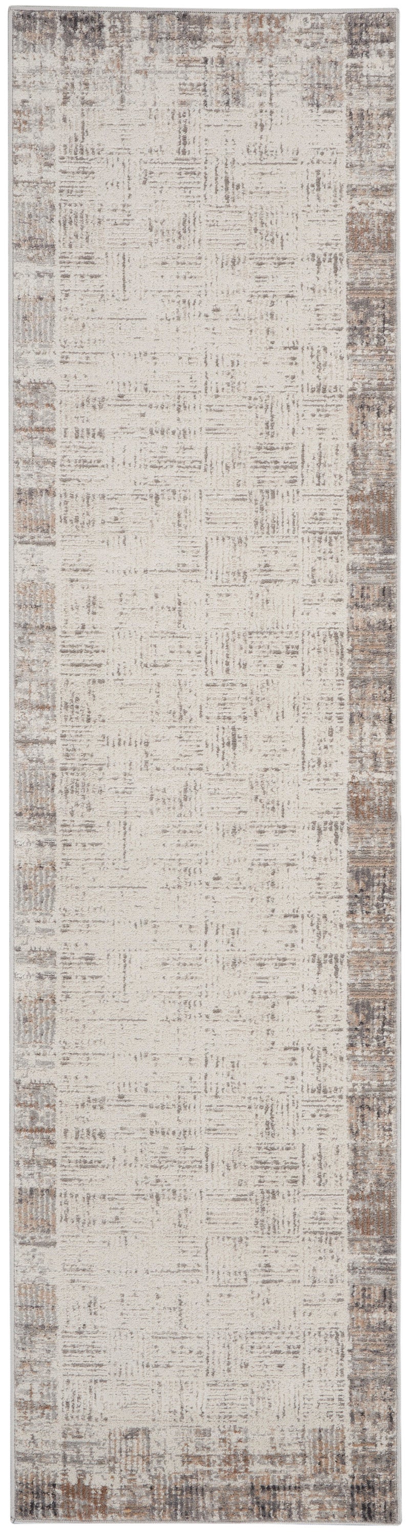 Long narrow cream beige runner rug with distressed abstract pattern and brown border; soft woven texture.