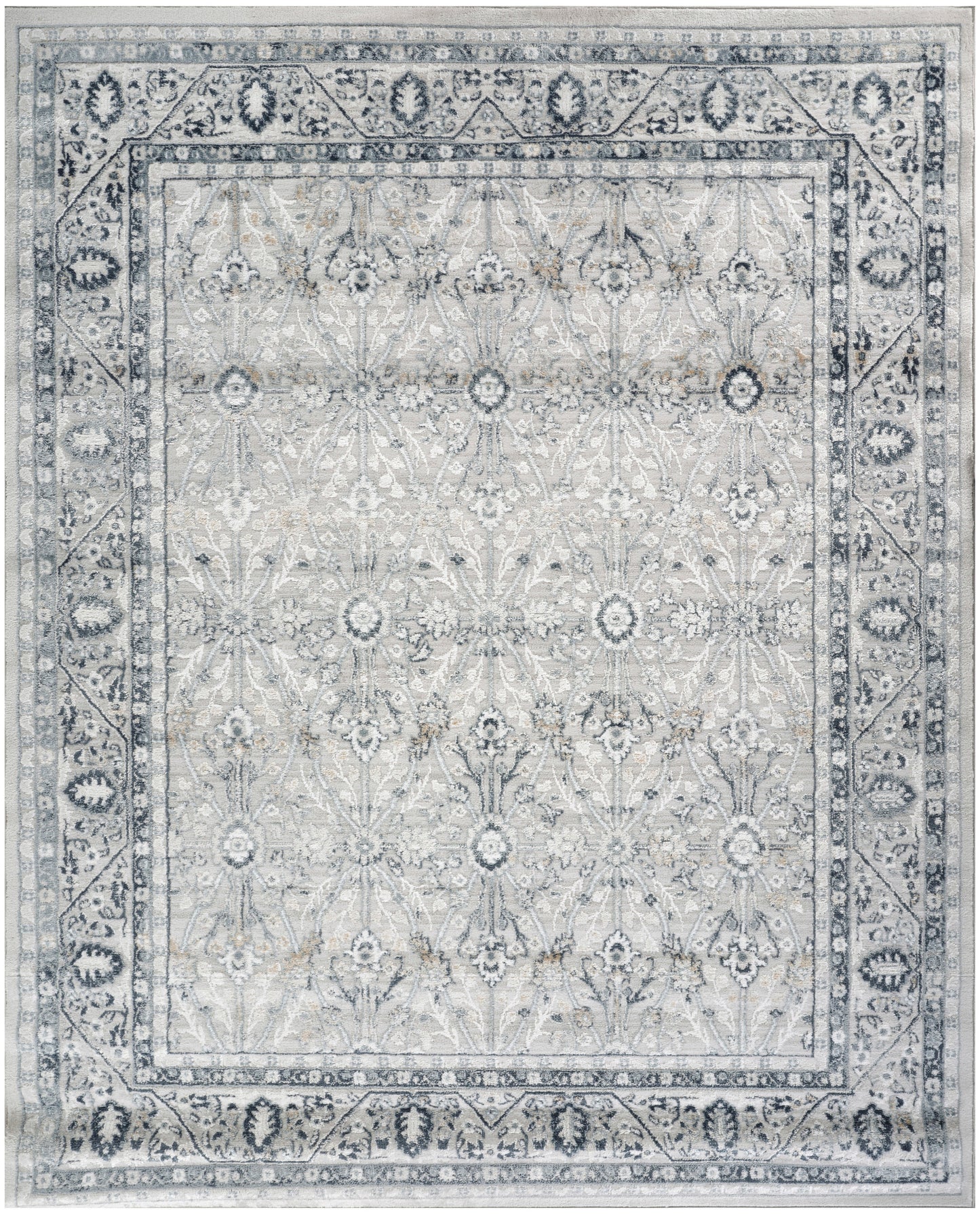 Gray-blue Persian-style area rug with ivory floral medallions & ornate border.