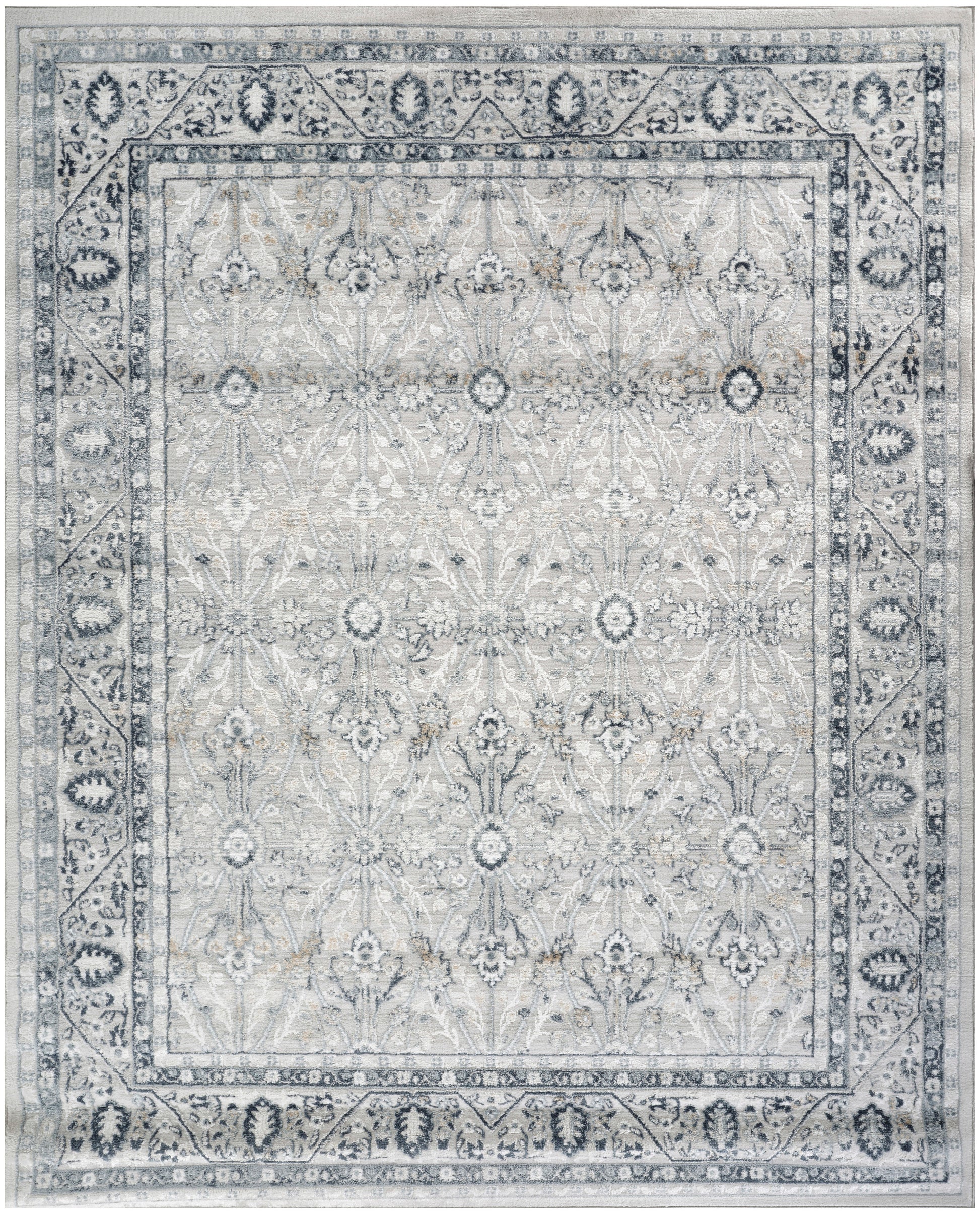 Gray-blue Persian-style area rug with ivory floral medallions & ornate border.