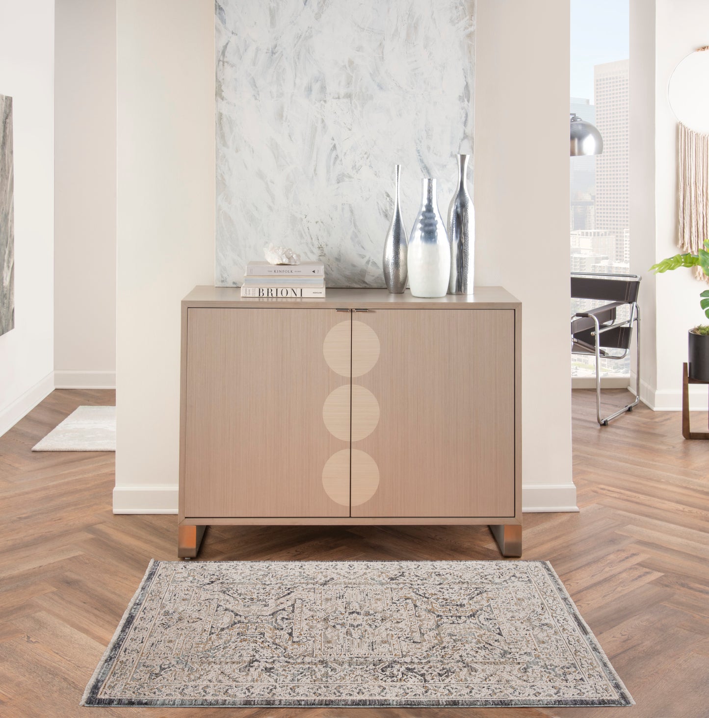 Vintage 3' x 5' rug in light neutral tones with a subtle pattern.