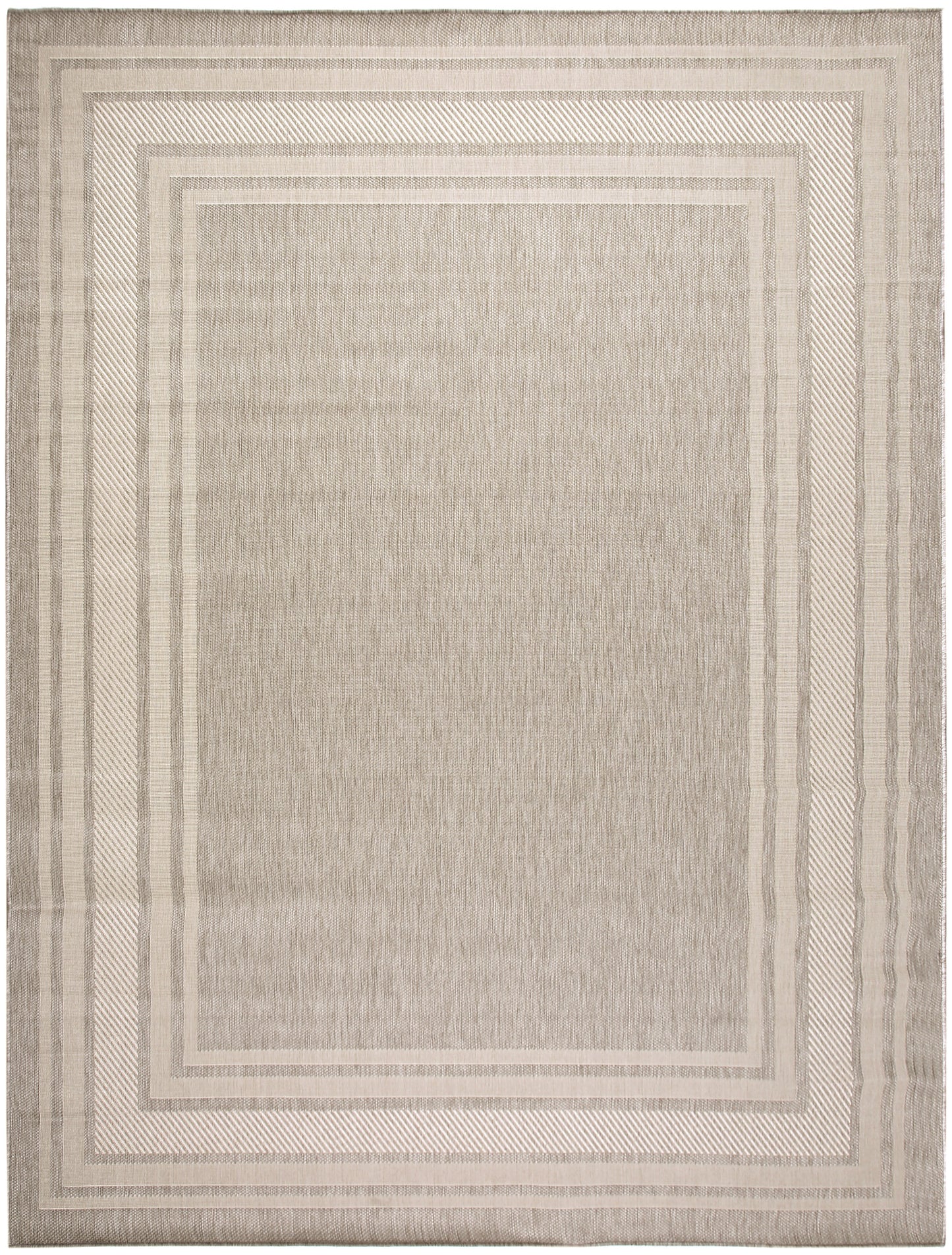 Beige rectangular woven rug (10' x 14') with layered cream borders & subtle geometric frame; neutral living-room accessory.