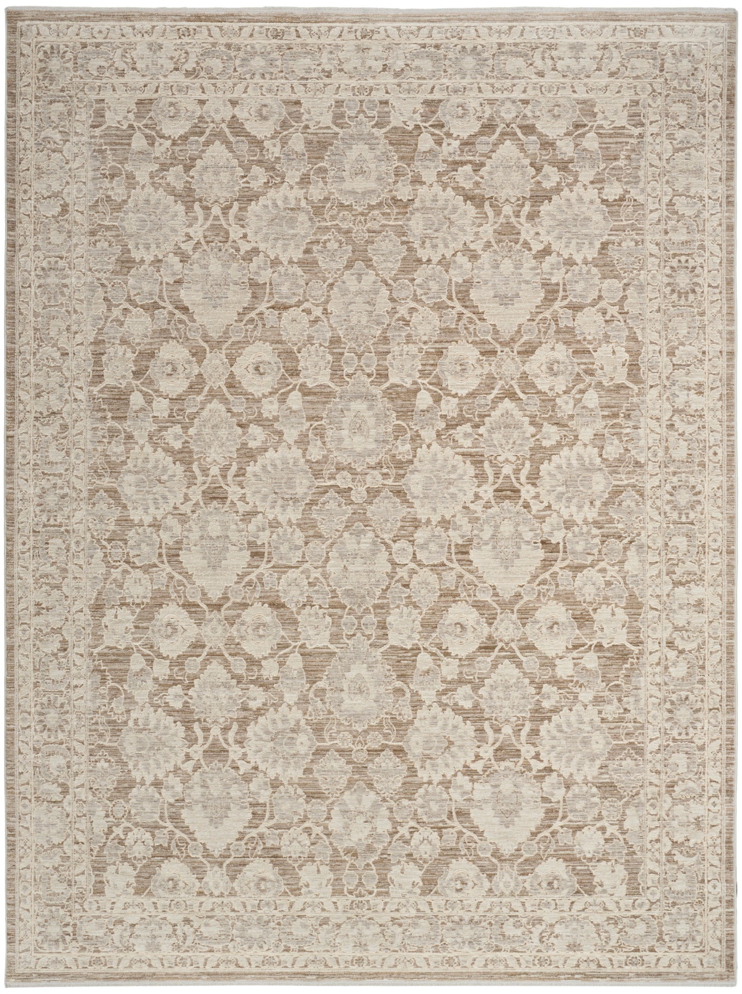 Beige oriental-style area rug with ivory floral medallions and decorative border.