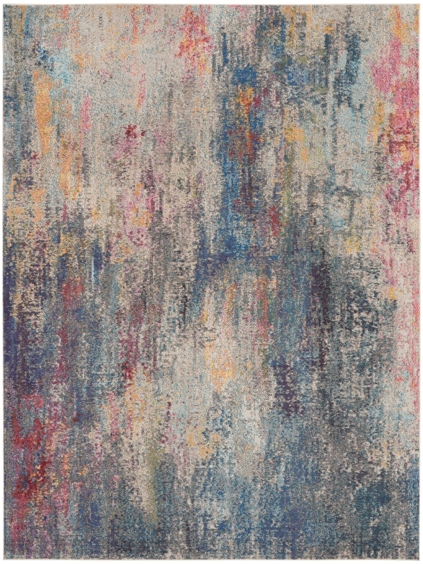 Abstract area rug with beige base and colorful brushstrokes of blue, pink, orange, and yellow.