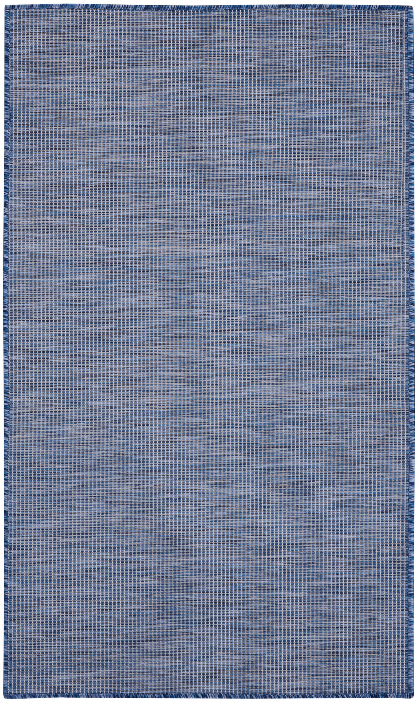 Blue woven area rug with tiny square grid pattern and dark blue border.