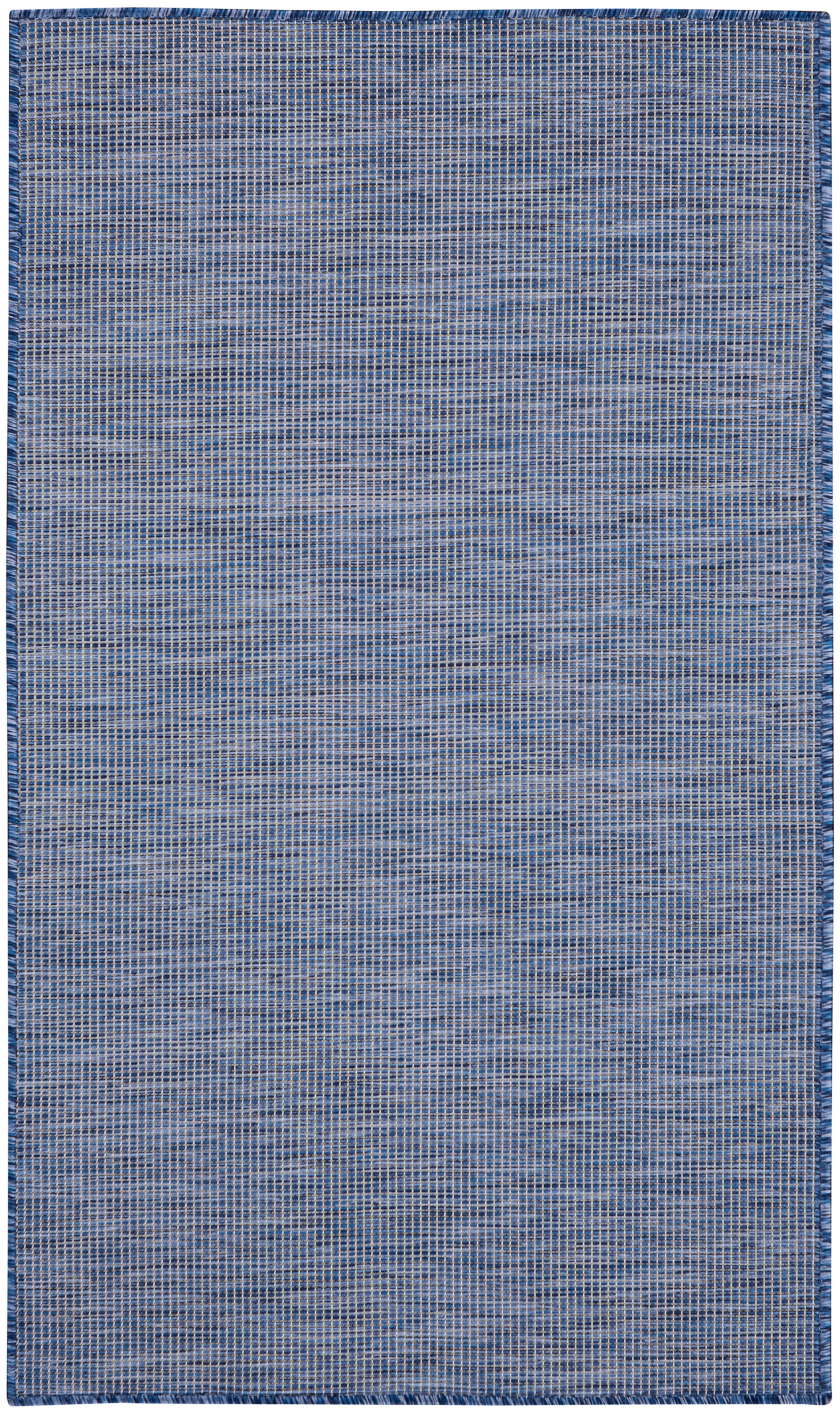 Blue woven area rug with tiny square grid pattern and dark blue border.