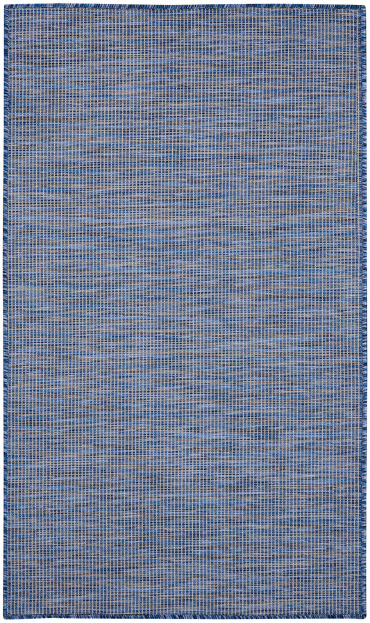 Blue woven area rug with tiny square grid pattern and dark blue border.