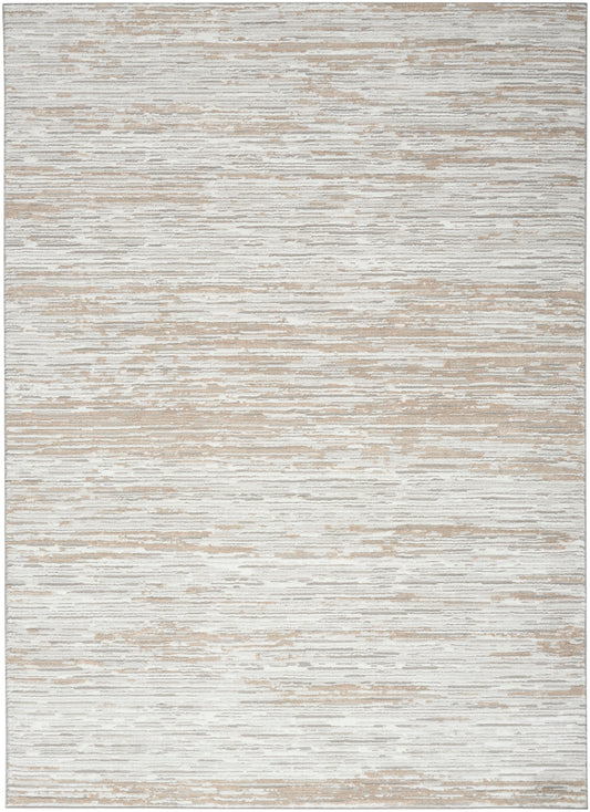 Beige and cream distressed striped area rug with flat-weave texture for modern living spaces.
