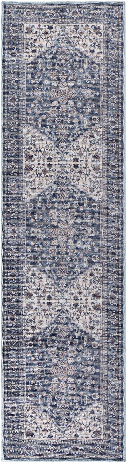 Blue and ivory Persian-style runner rug with repeating medallions, ornate floral motifs and bordered edges.