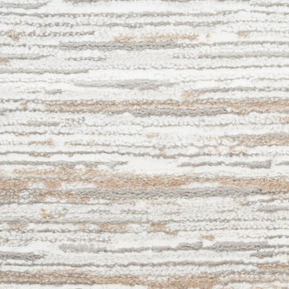 Neutral striped shag rug in cream, beige and gray tones with plush textured pile.