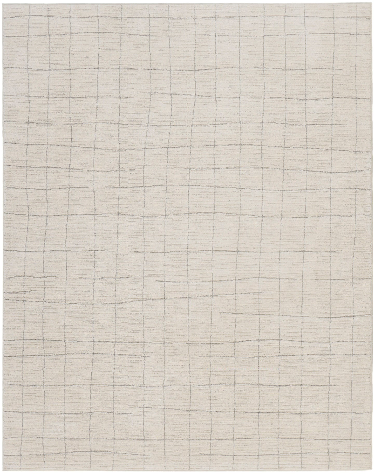 Cream rug with a subtle gray square grid pattern.