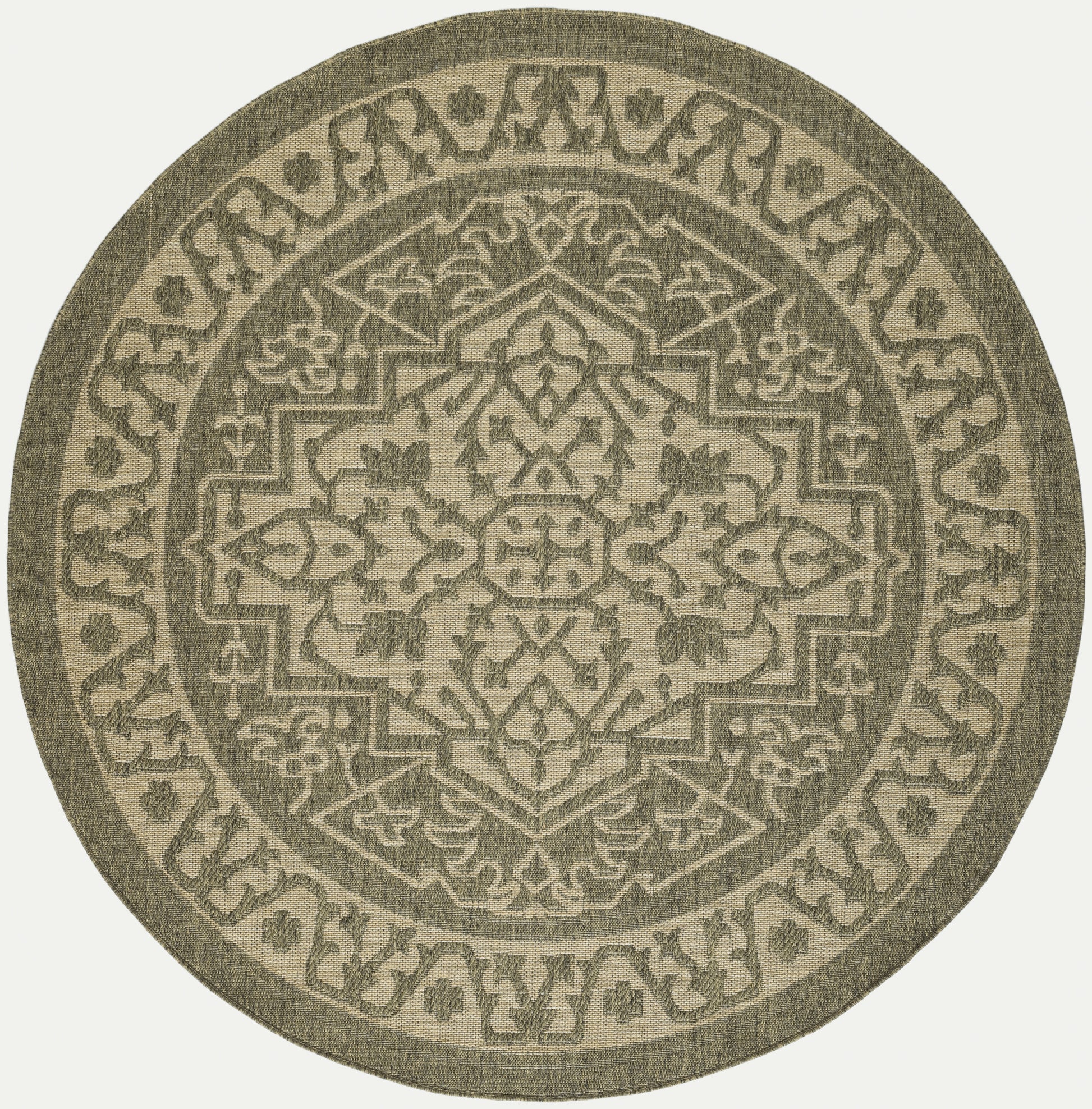 Round beige-gray rug with ornate central medallion, geometric border, and scrolling floral motif.