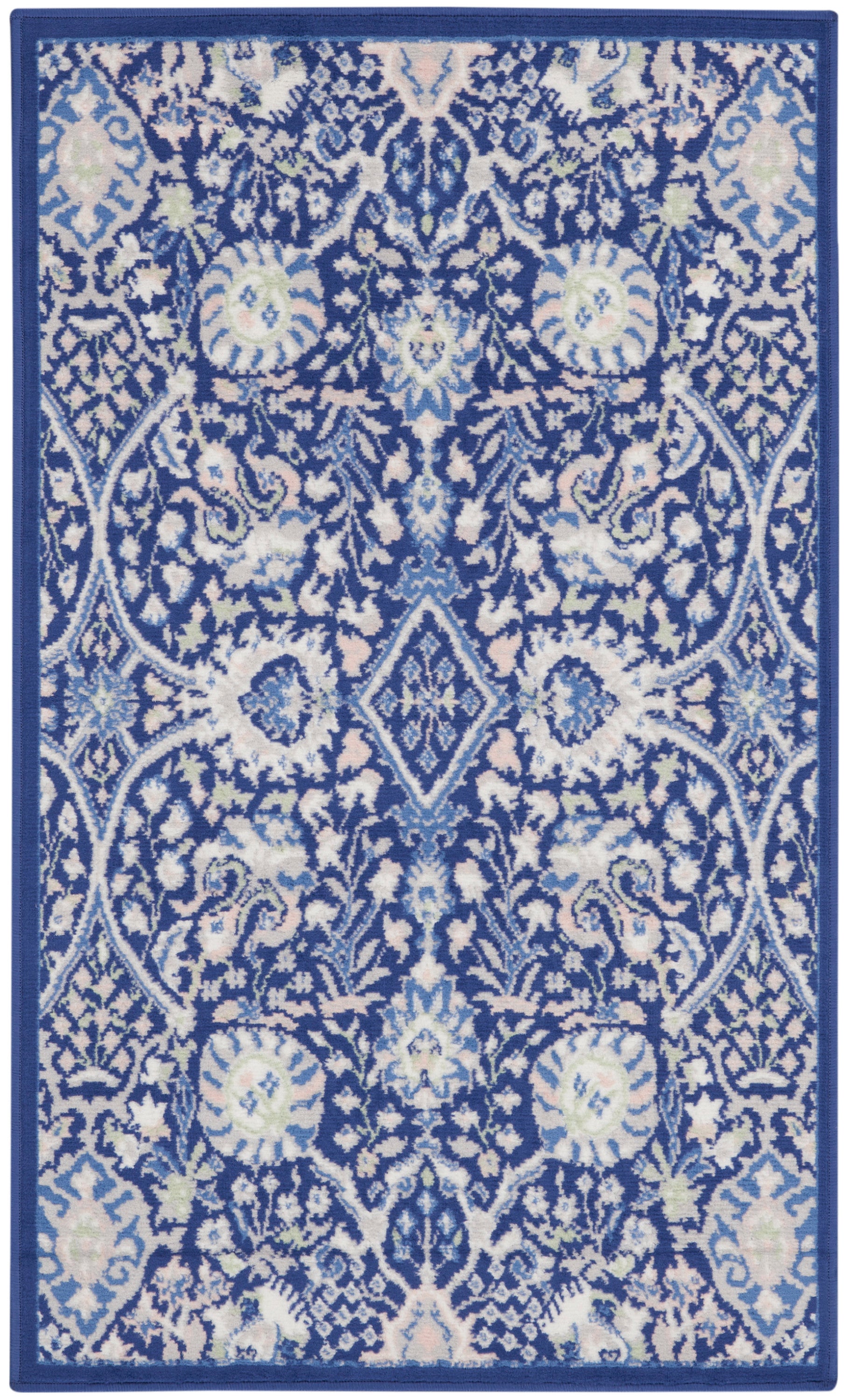 Blue and white ornate rug with damask floral motifs, central diamond medallion, bordered frame, decorative woven rug