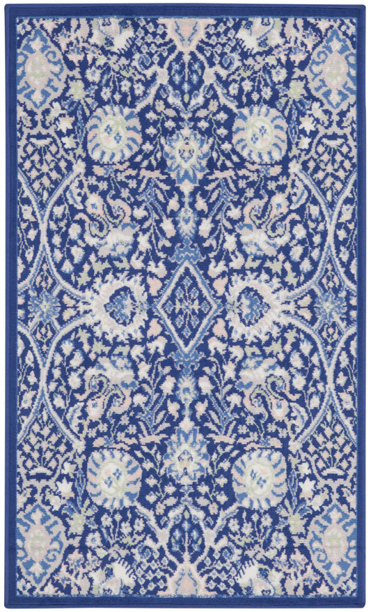 Blue and white ornate rug with damask floral motifs, central diamond medallion, bordered frame, decorative woven rug