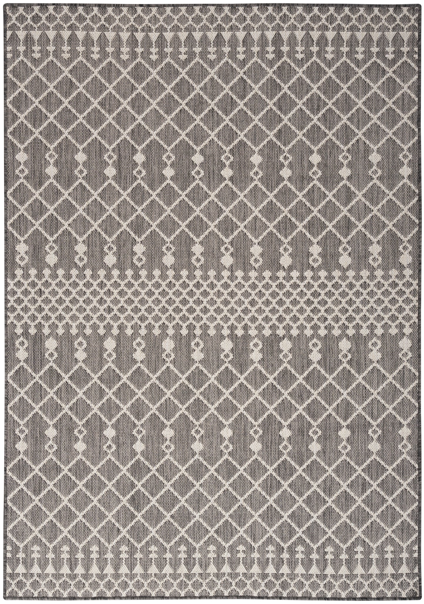 Gray and ivory woven area rug with repeating diamond lattice pattern and decorative border bands.