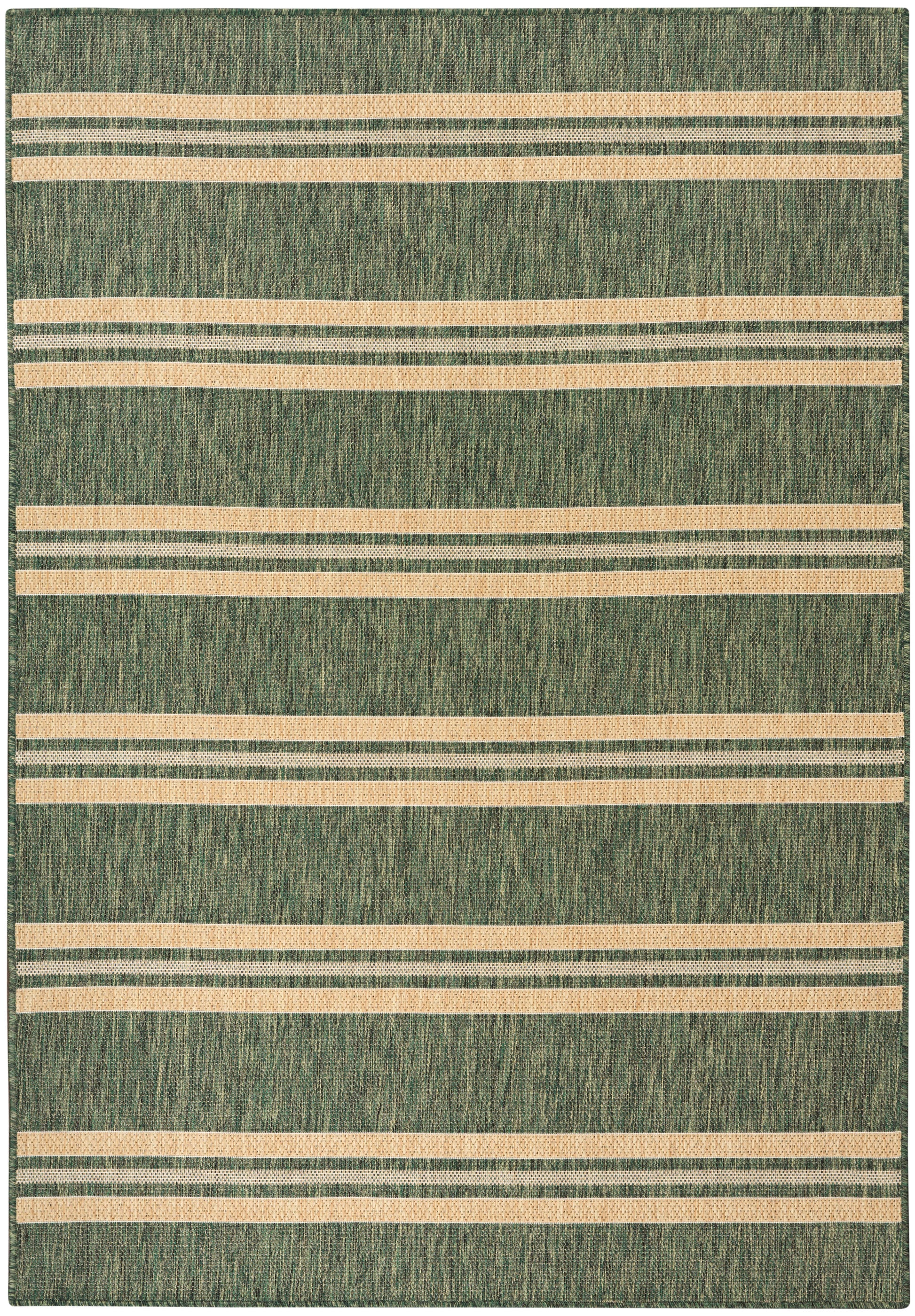 Green textured rug with cream-beige horizontal stripes in a bold, modern pattern.