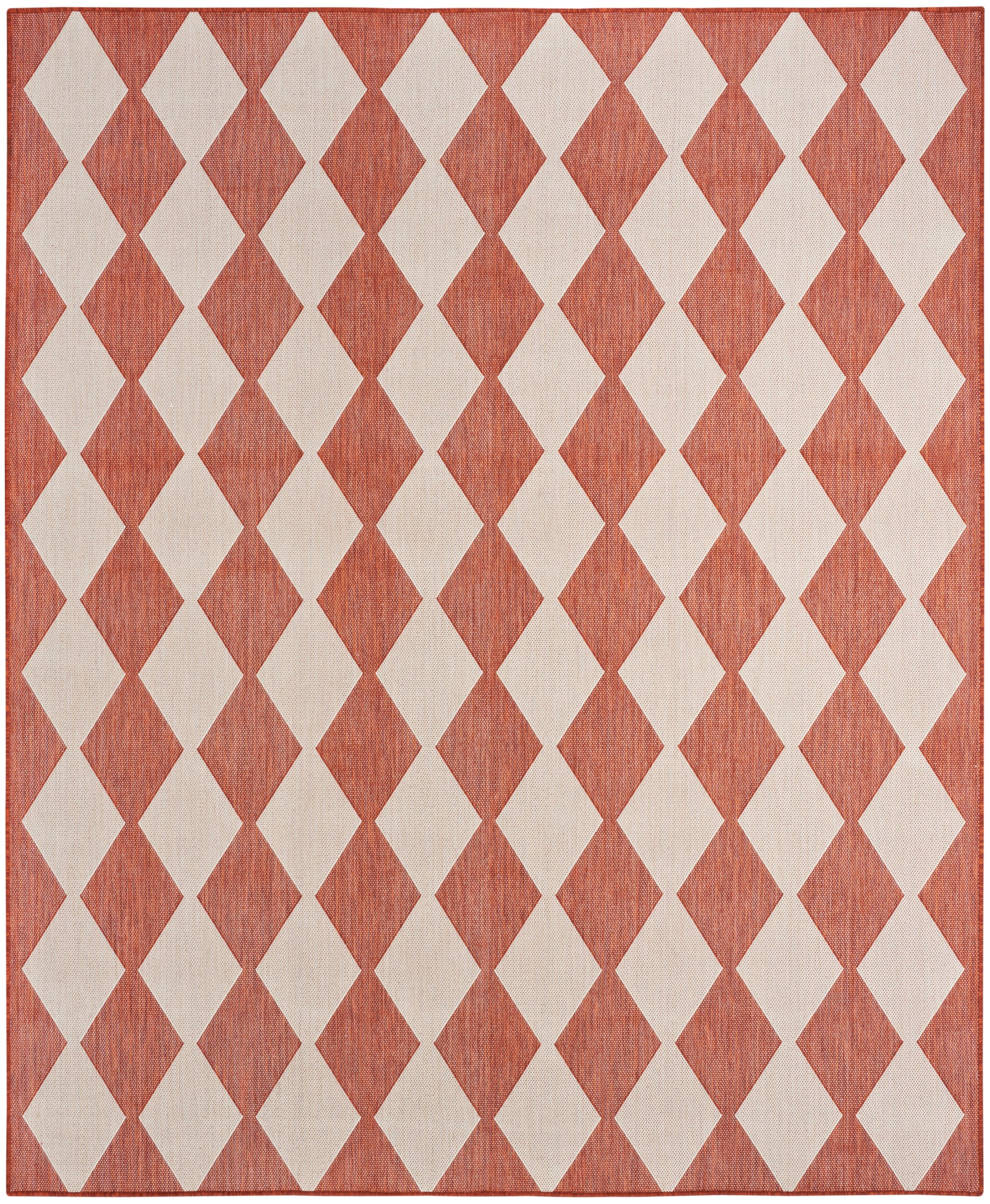 Rectangular woven rug with red background and cream diamond pattern.