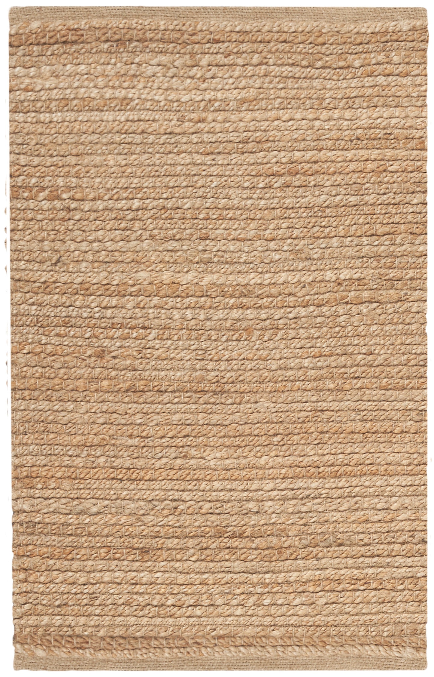 Natural jute rug, rectangular beige-tan, coarse woven texture with braided border, ideal for farmhouse spaces.