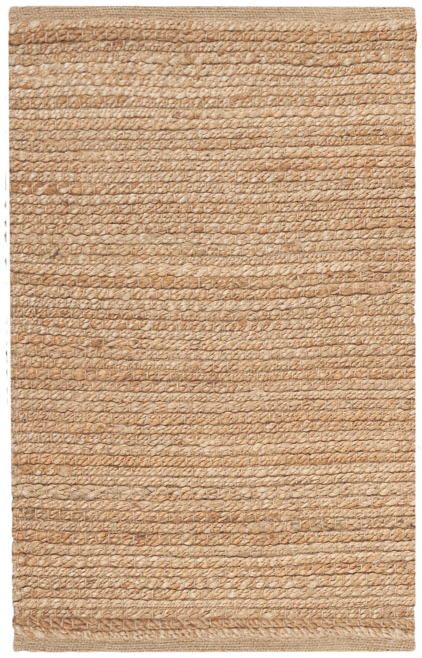 Natural jute rug, rectangular beige-tan, coarse woven texture with braided border, ideal for farmhouse spaces.