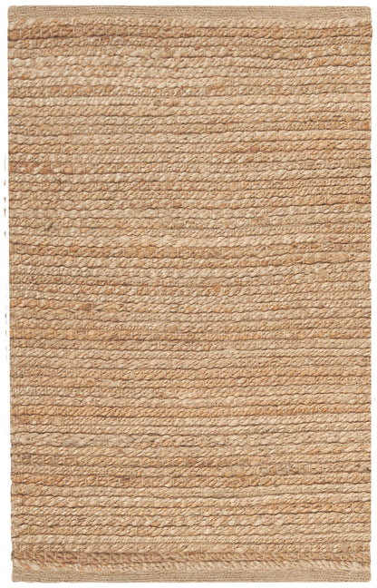 Natural jute rug, rectangular beige-tan, coarse woven texture with braided border, ideal for farmhouse spaces.