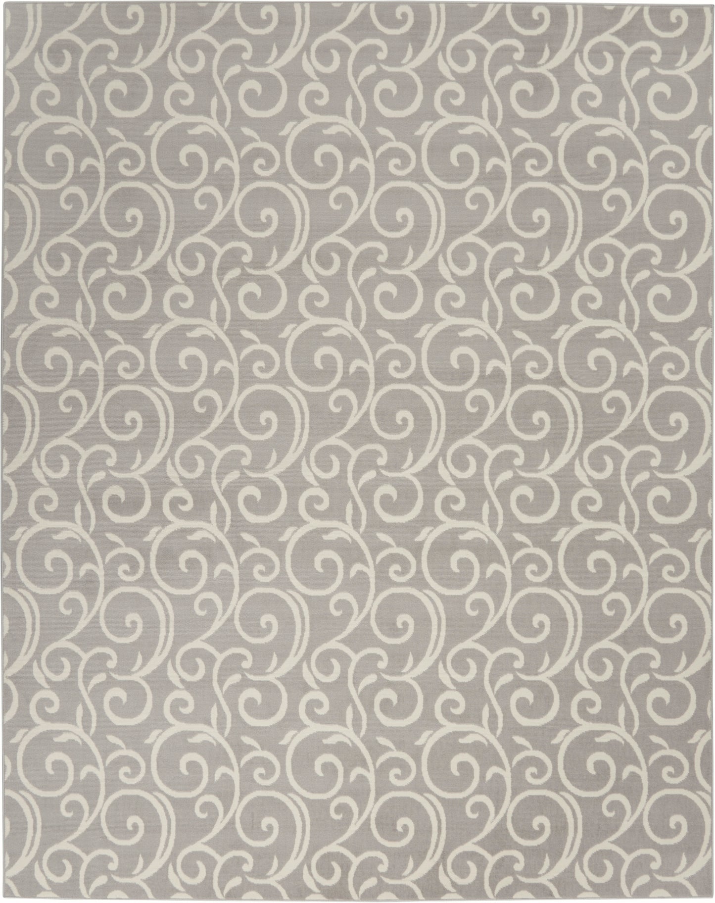 Gray rectangular area rug featuring white swirling vine scrollwork; modern decorative pattern.