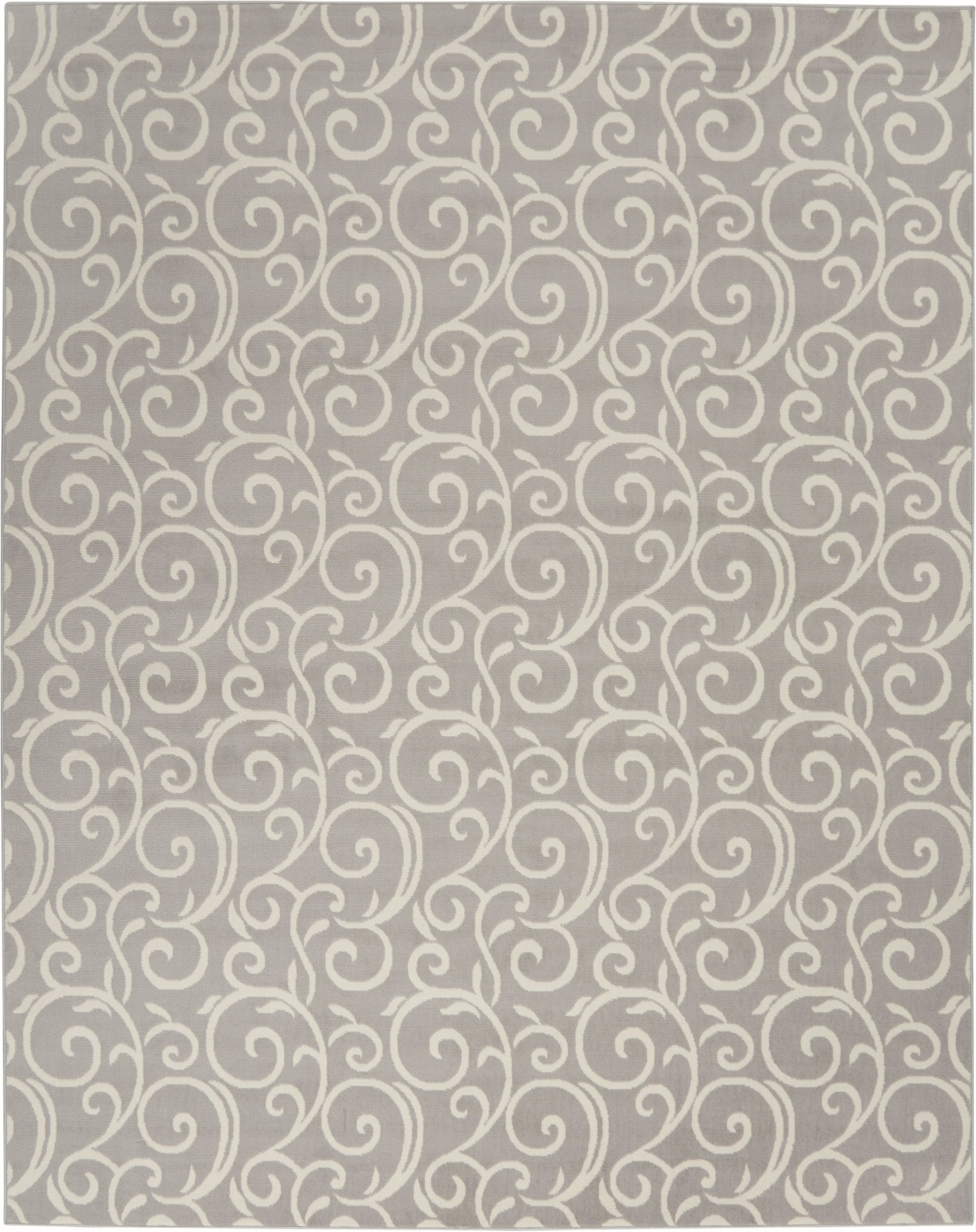 Gray rectangular area rug featuring white swirling vine scrollwork; modern decorative pattern.