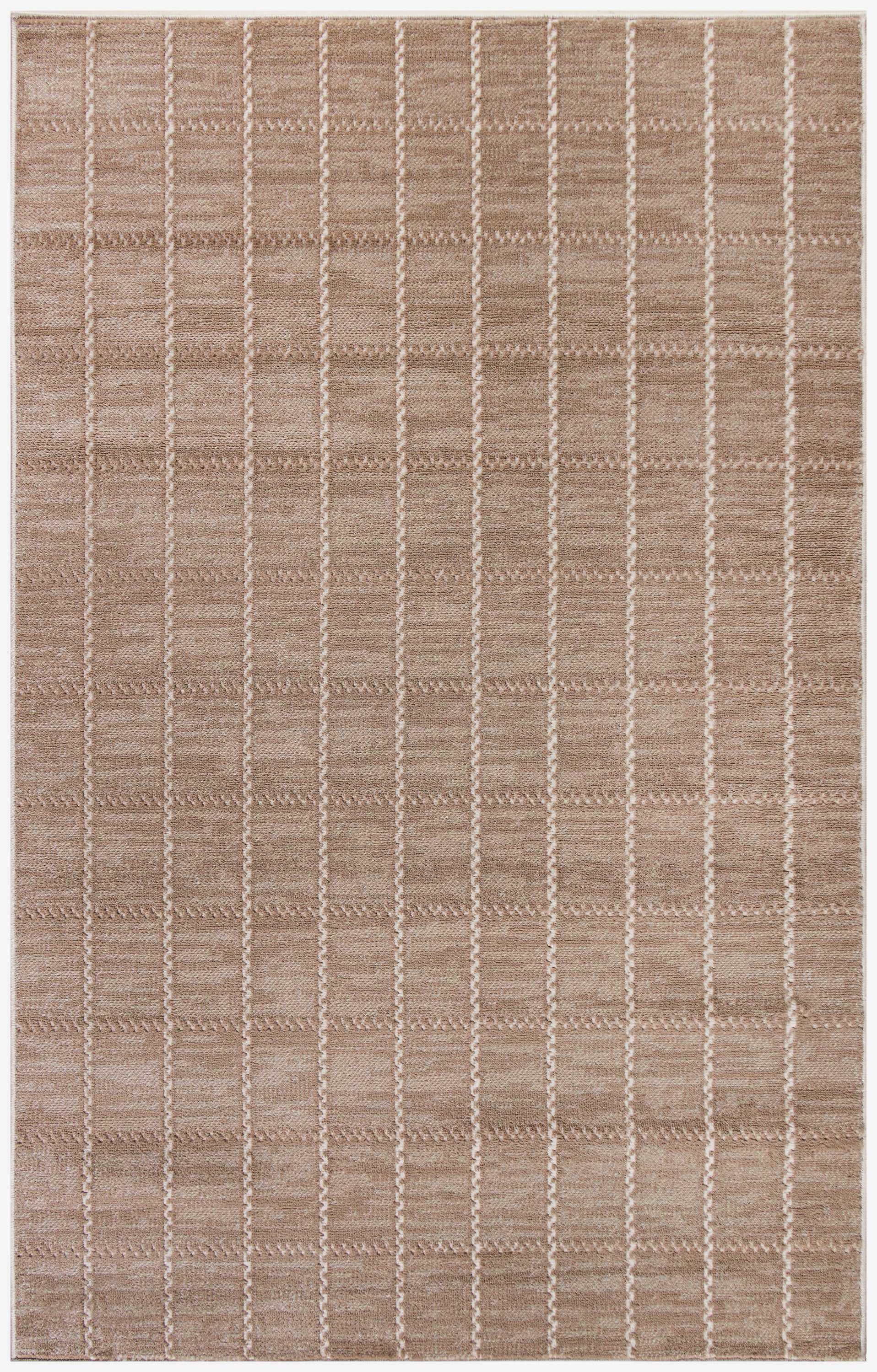 Beige rectangular area rug with a subtle cream grid pattern; textured woven surface in taupe-beige tones.