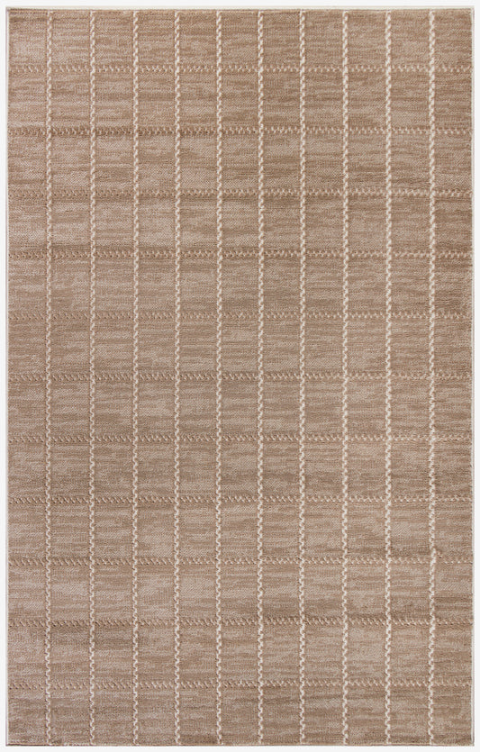 Beige rectangular area rug with a subtle cream grid pattern; textured woven surface in taupe-beige tones.