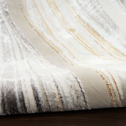 Modern area rug with ivory, beige, gray and gold curved stripes; plush soft pile.