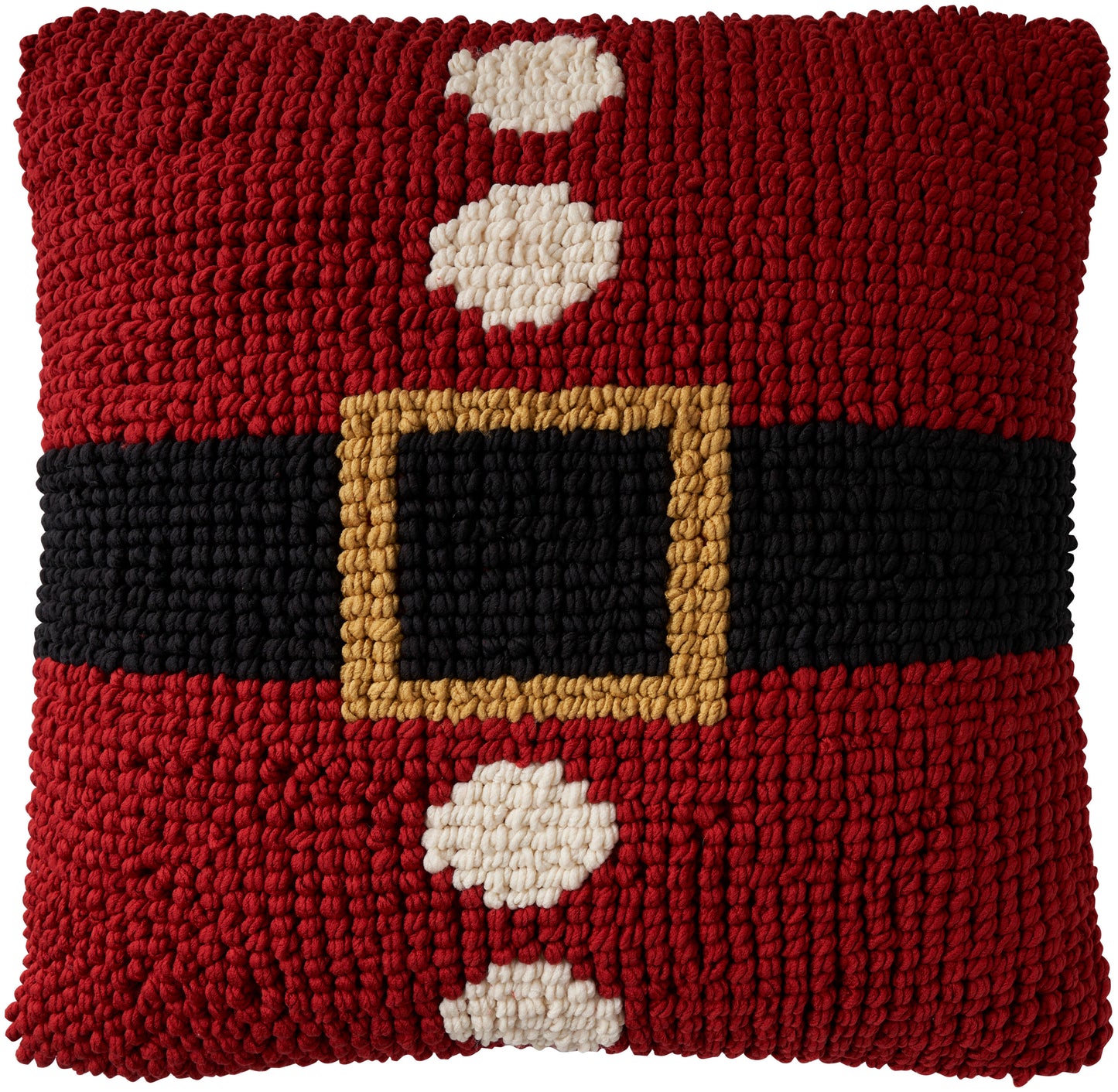 Red chunky-knit Christmas pillow with black belt and gold buckle, white button accents.