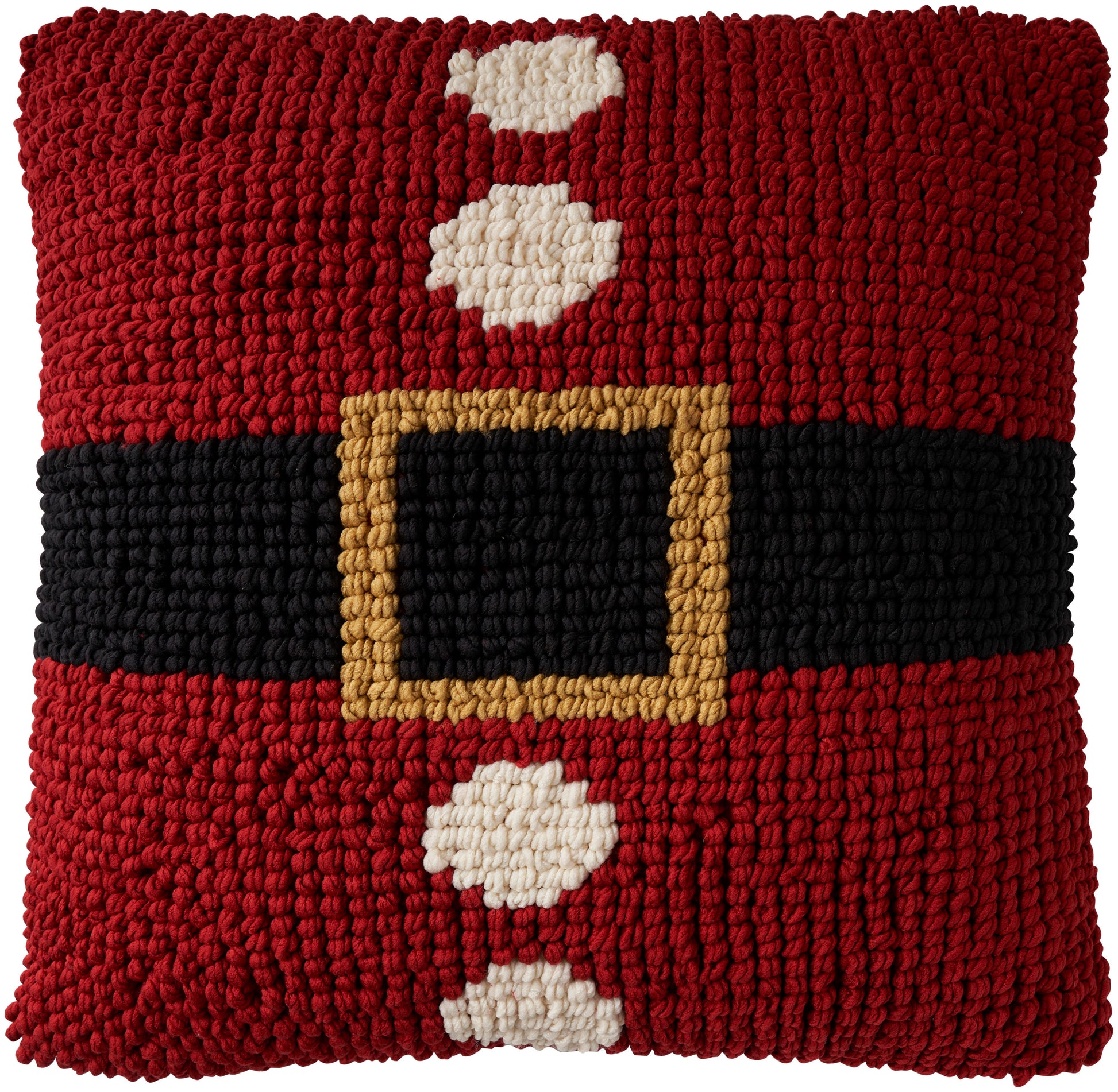 Red chunky-knit Christmas pillow with black belt and gold buckle, white button accents.