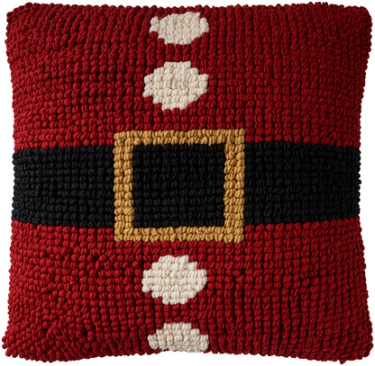 Red chunky-knit Christmas pillow with black belt and gold buckle, white button accents.
