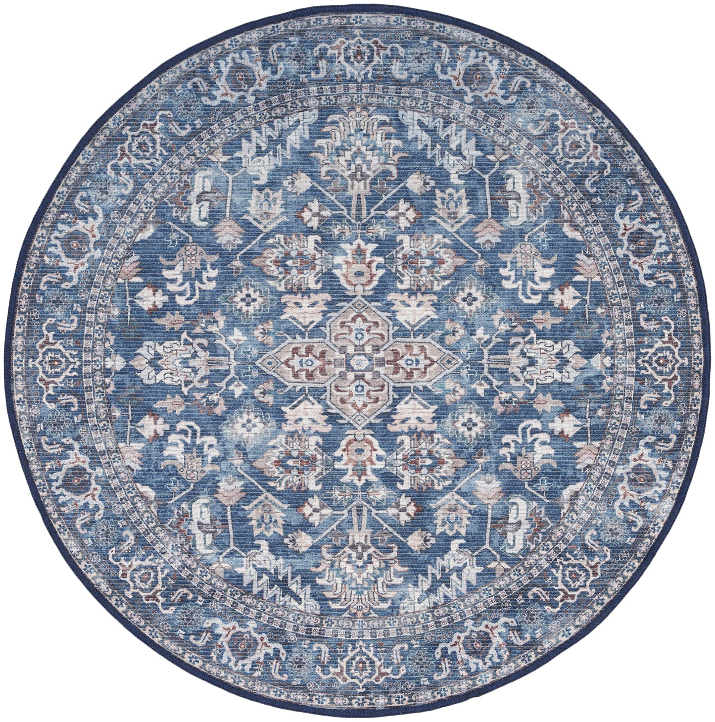 Circular blue Oriental rug with ivory floral medallion center and intricate border, ideal for living room decor.