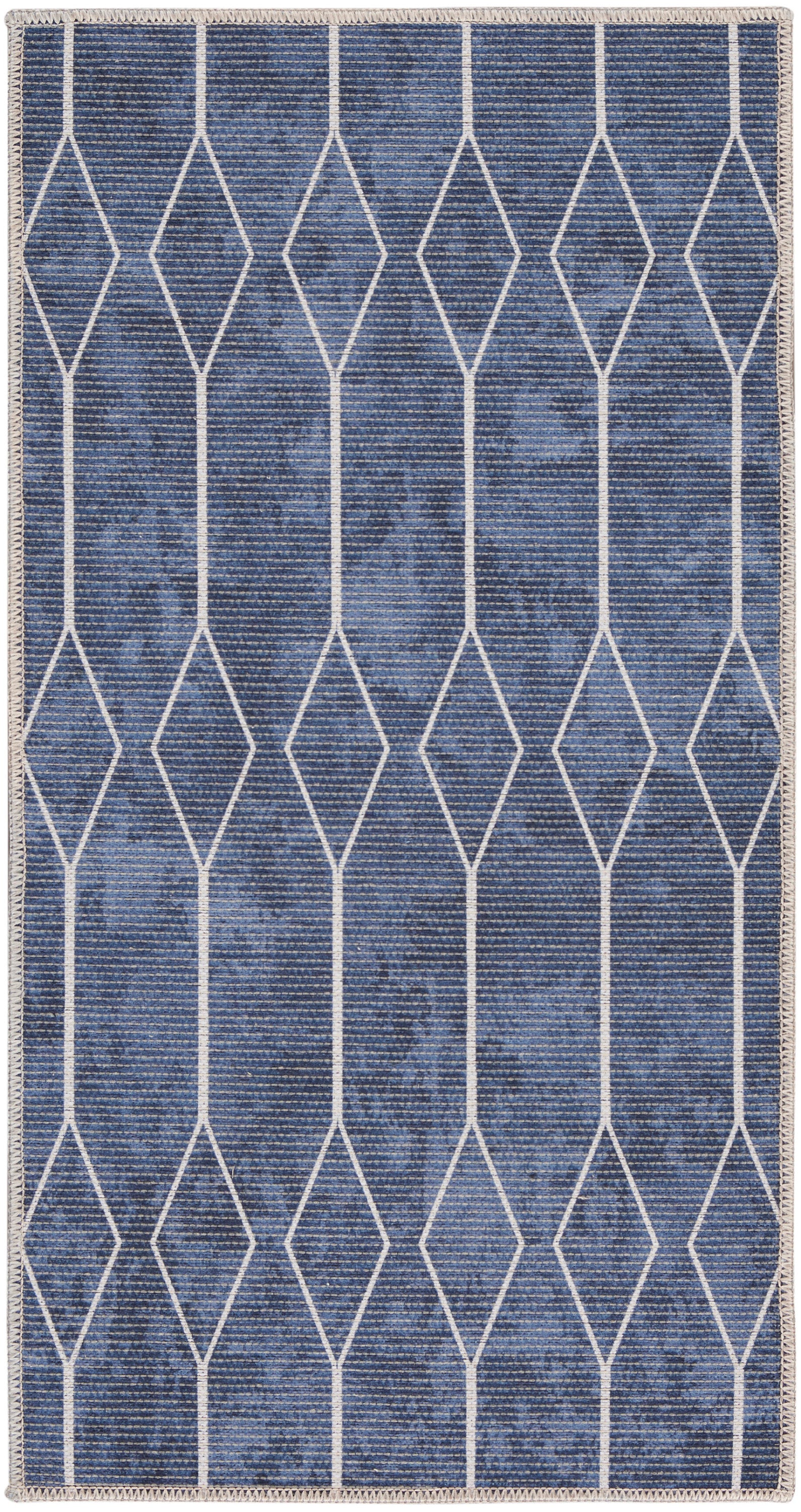 Rectangular blue woven rug with white diamond lattice and fringed edges.