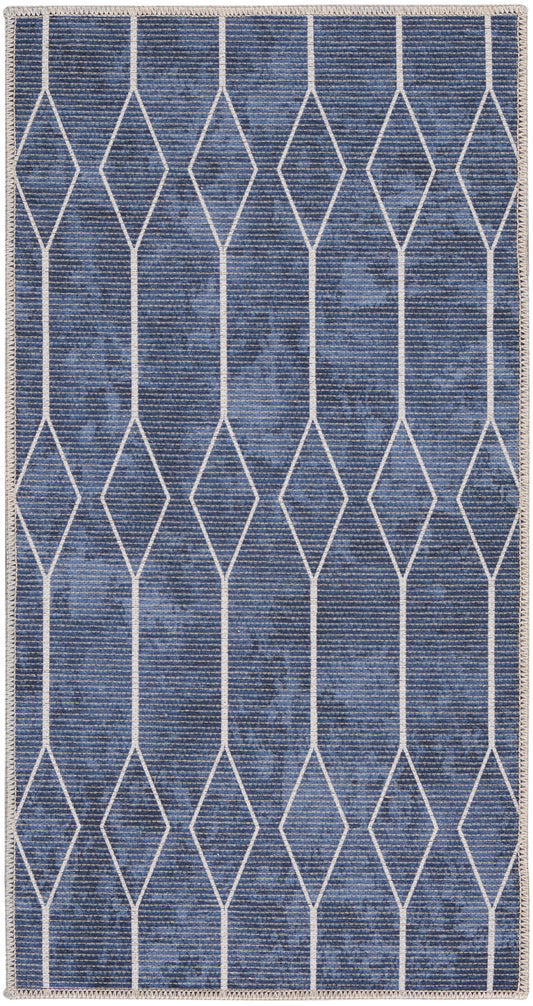 Rectangular blue woven rug with white diamond lattice and fringed edges.