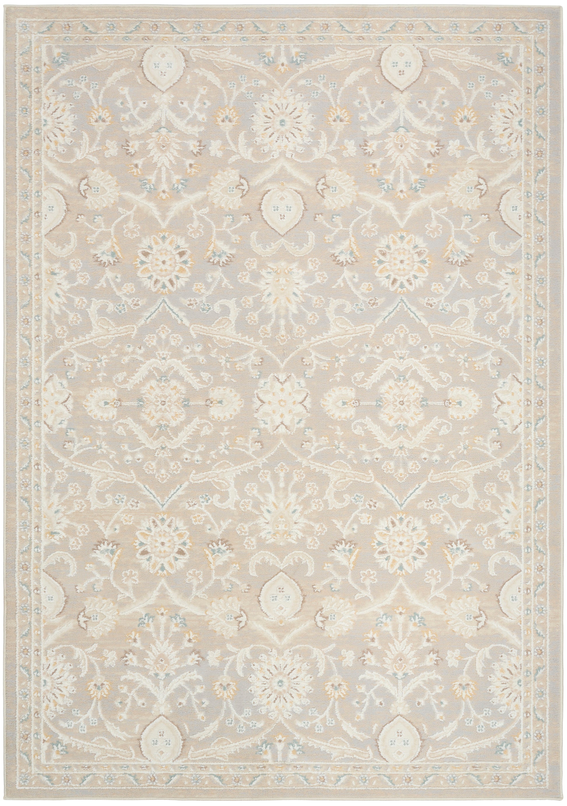 Rectangular traditional oriental rug in beige with ivory floral damask pattern and pale blue border accents.