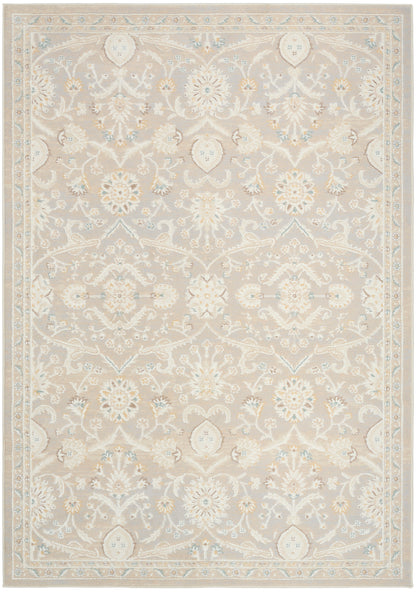 Rectangular traditional oriental rug in beige with ivory floral damask pattern and pale blue border accents.