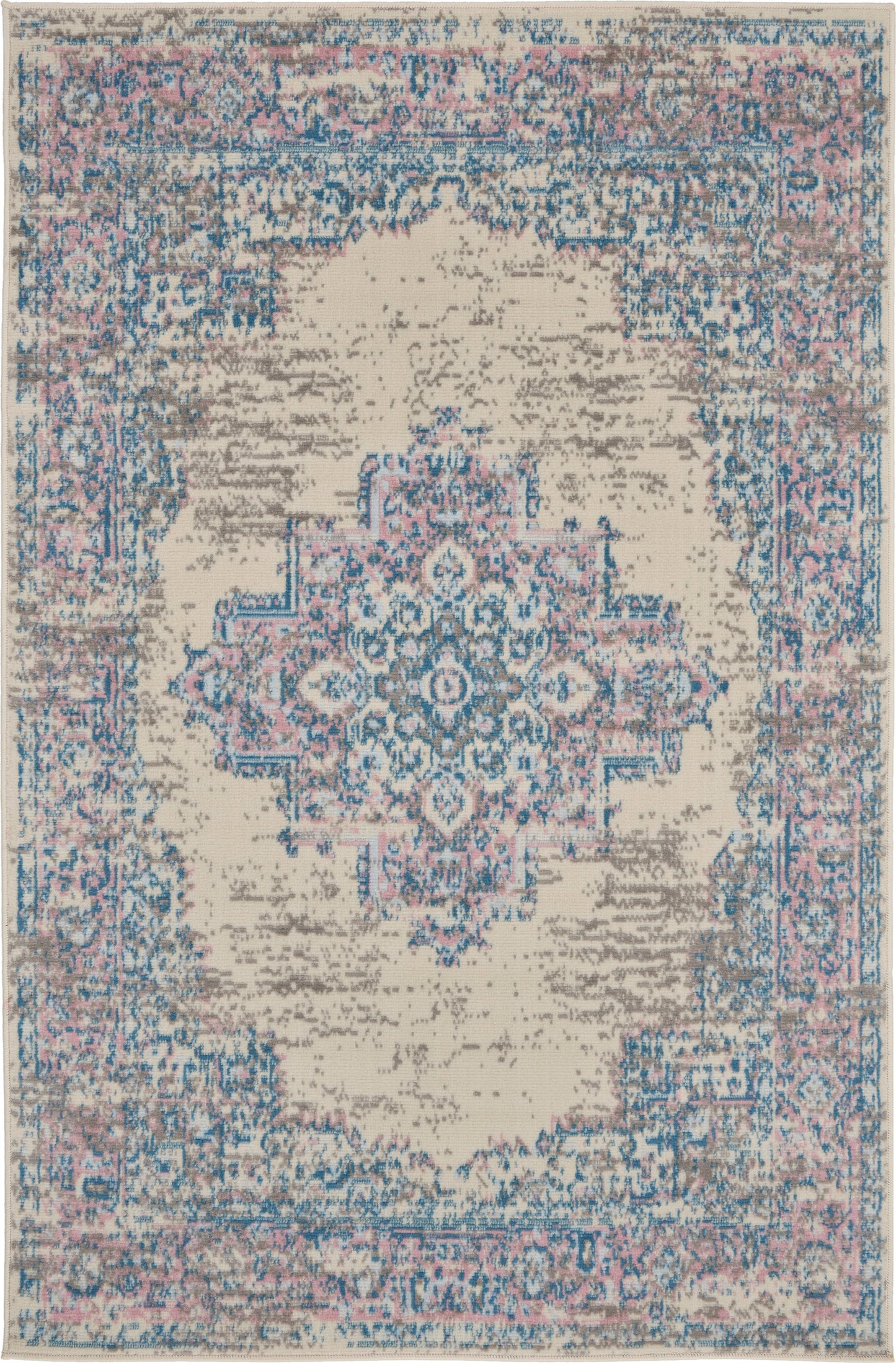 Beige distressed oriental rug with a blue-pink central medallion and intricate border; rectangular home decor rug.