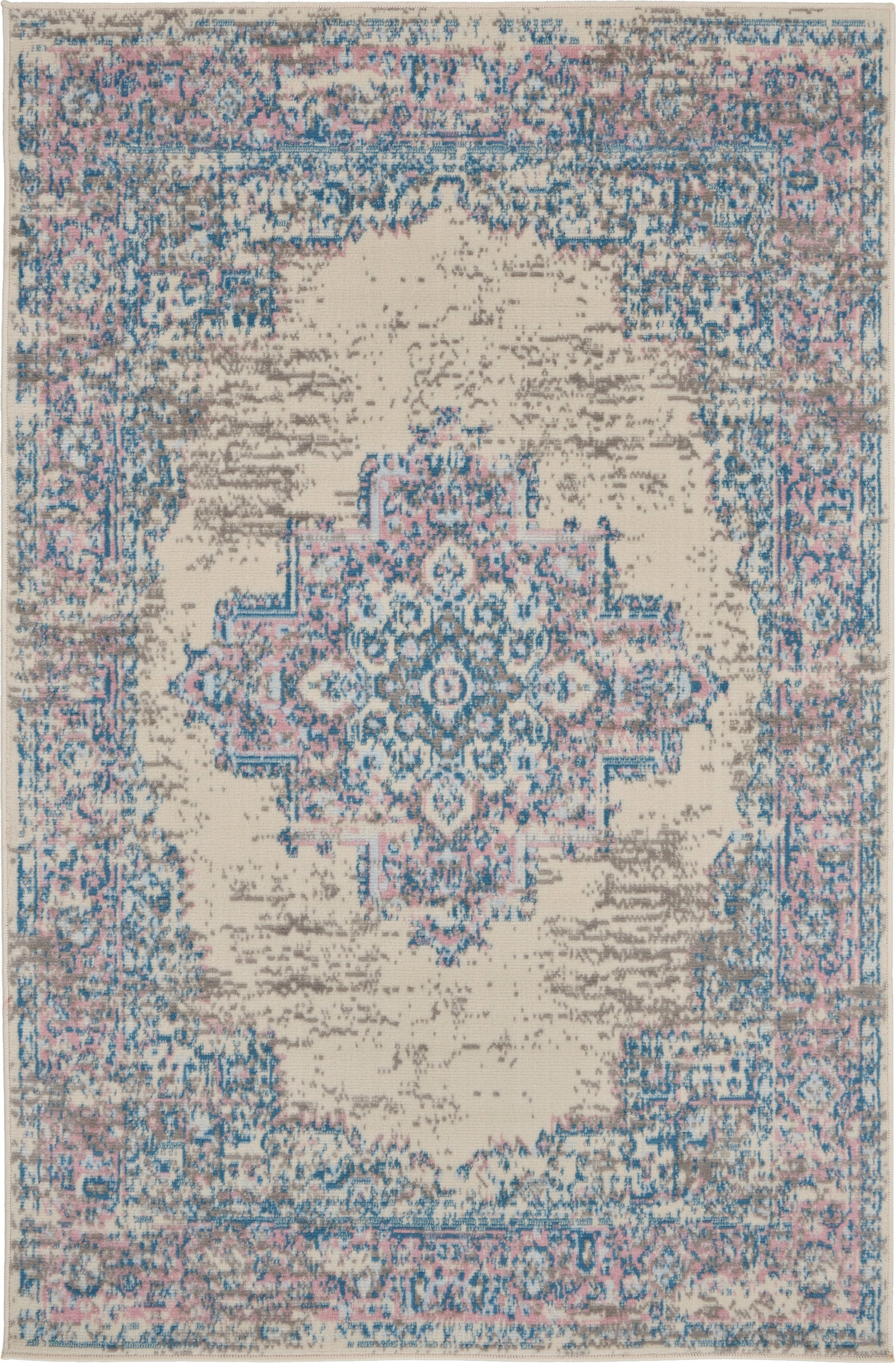 Beige distressed oriental rug with a blue-pink central medallion and intricate border; rectangular home decor rug.