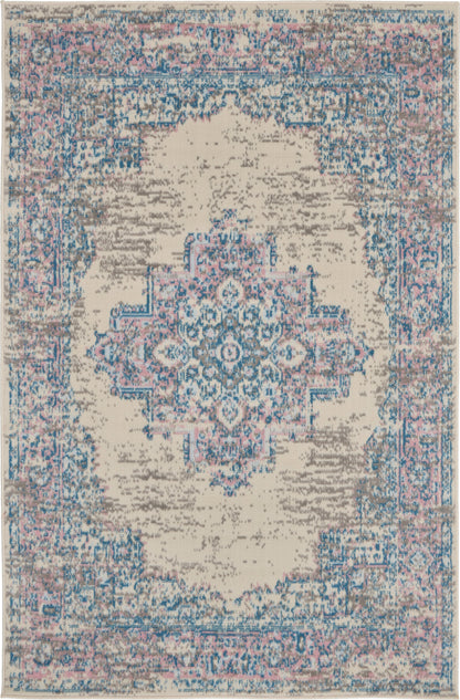 Beige distressed oriental rug with a blue-pink central medallion and intricate border; rectangular home decor rug.