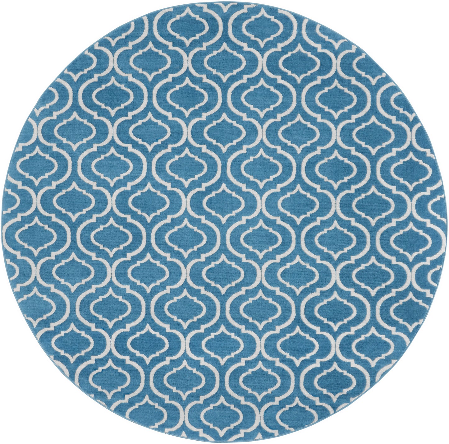 Round blue rug with a white Moroccan trellis pattern.