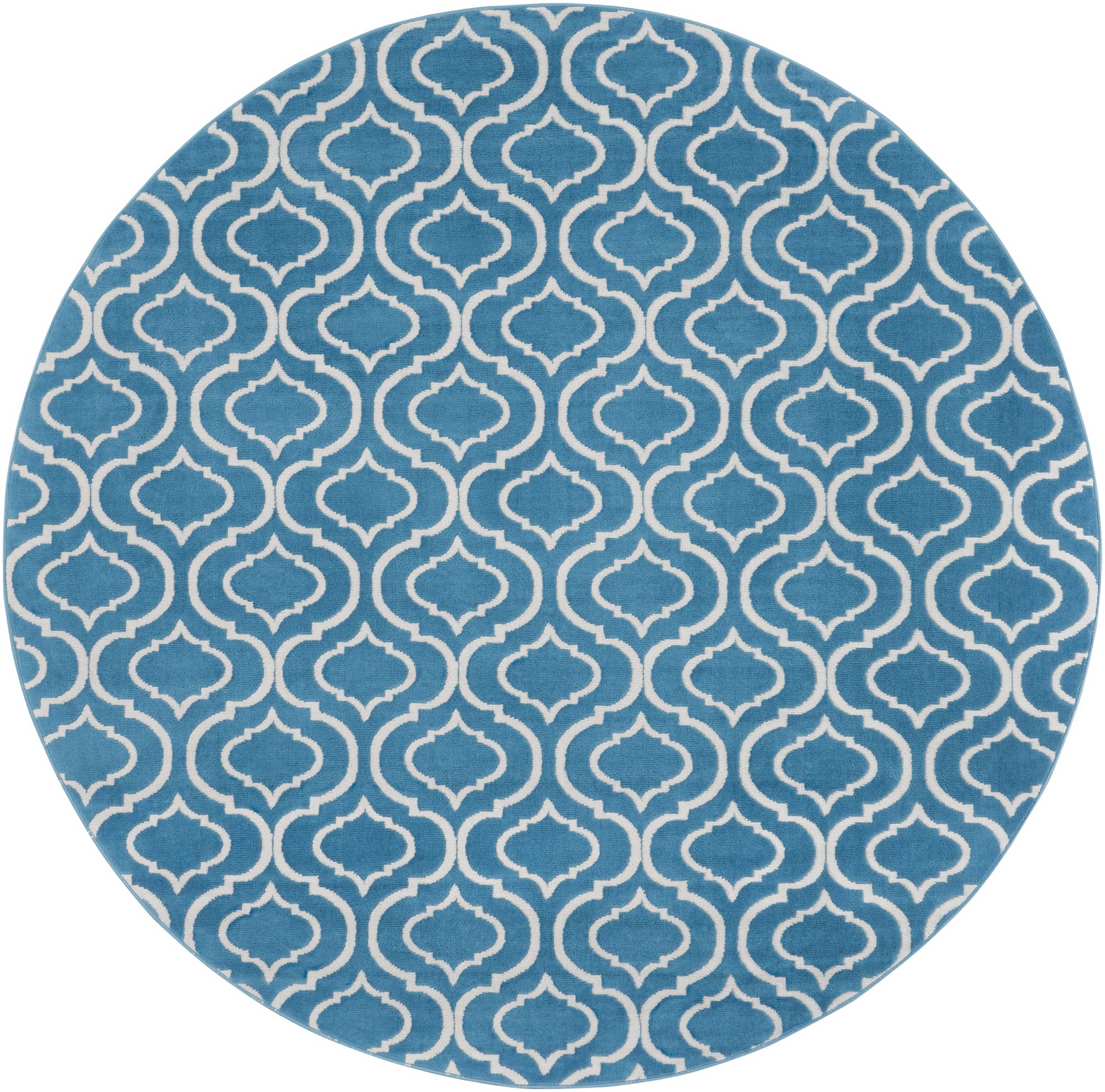 Round blue rug with a white Moroccan trellis pattern.