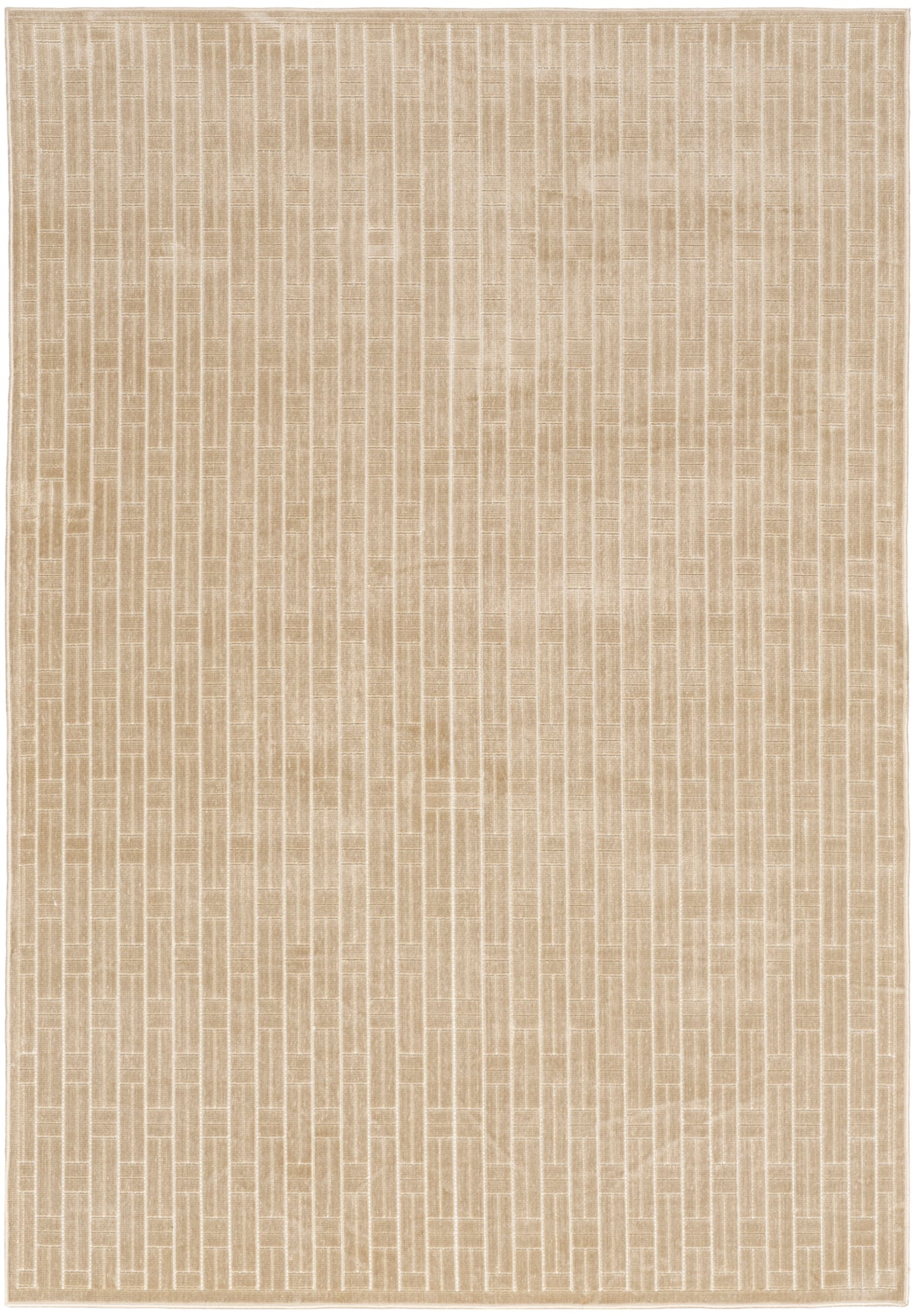 Beige rectangular woven rug with subtle vertical brick-like stripe pattern; neutral modern style for living spaces.