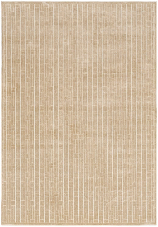 Beige rectangular woven rug with subtle vertical brick-like stripe pattern; neutral modern style for living spaces.