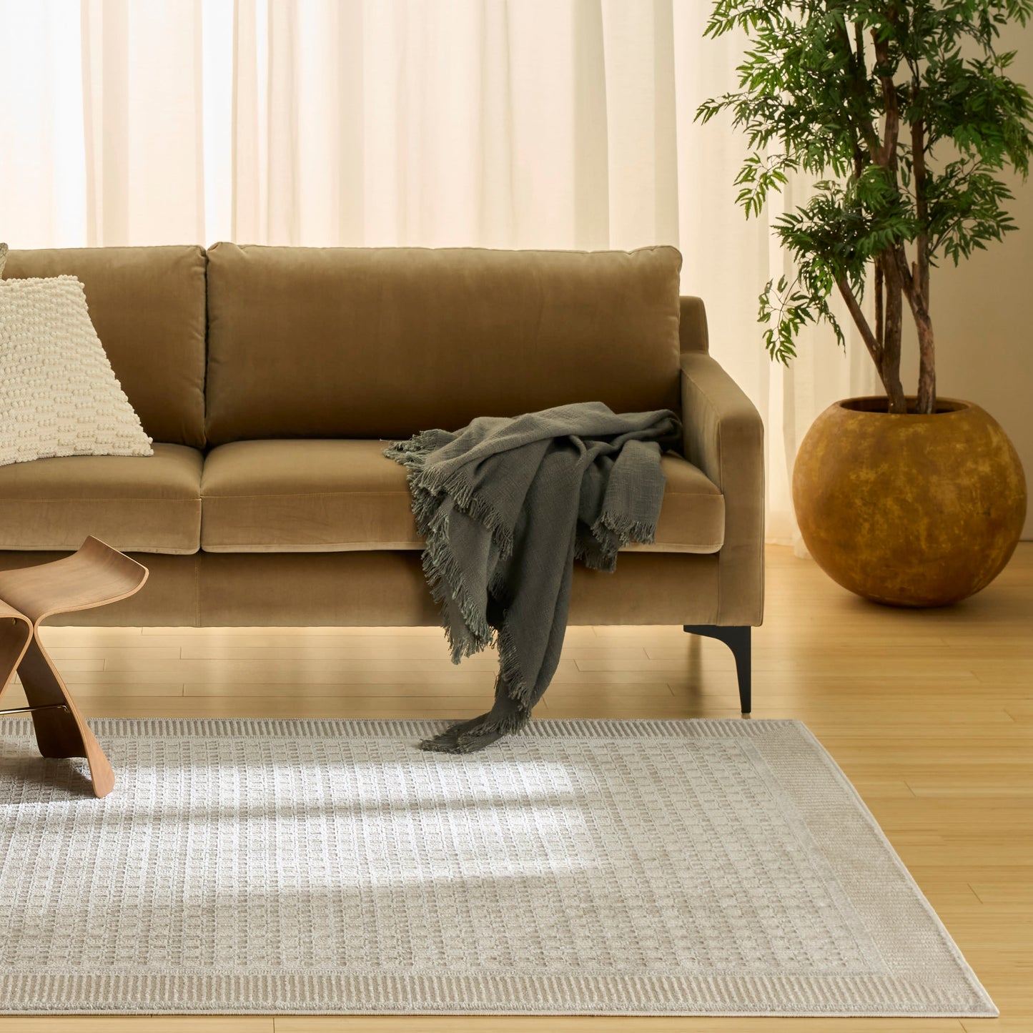 Neutral woven rug in a living room setting, with a taupe sofa, gray fringed throw, cream pillow, round wooden accent table, and a large potted plant.